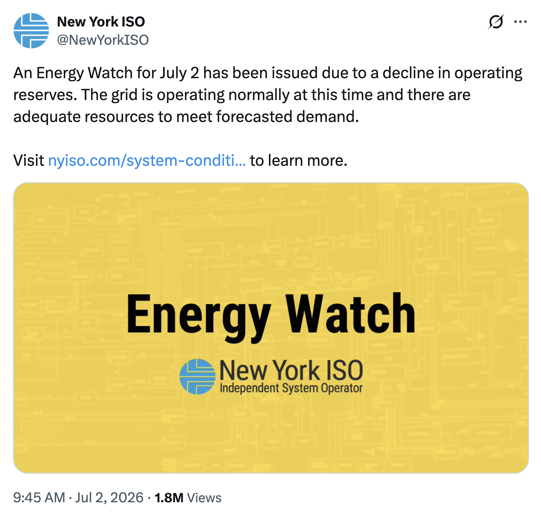 Screenshot of NYISO's July 2 Energy Watch notice