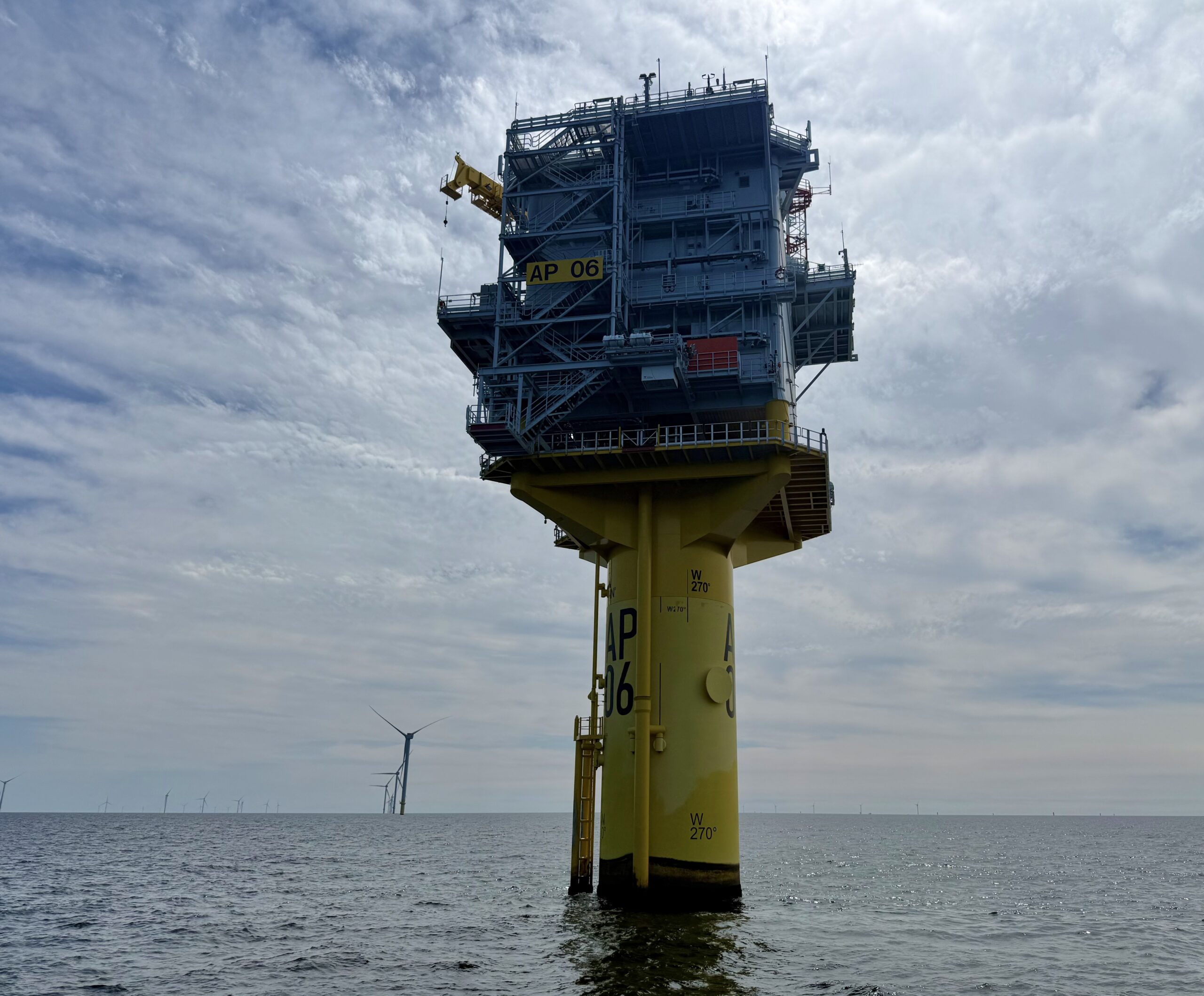 Offshore substation, shot from a low angle at close range
