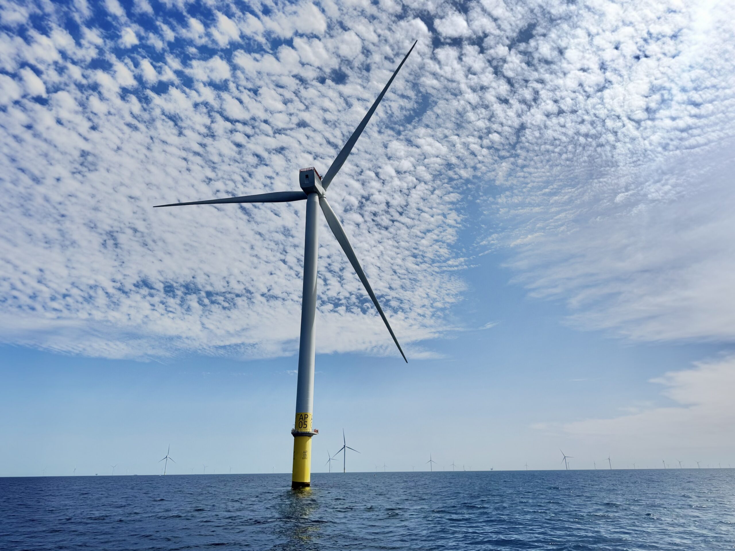 A turbine at South Fork Wind, off the coast of Long Island
